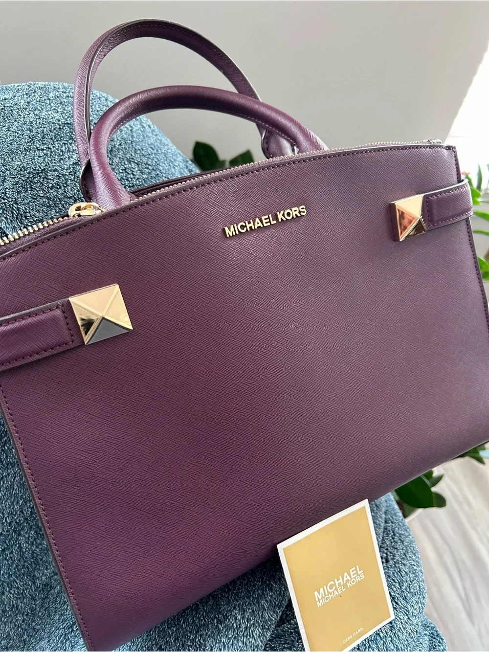 Michael Kors Wine Saffiano Leather Satchel with Gold Hardware